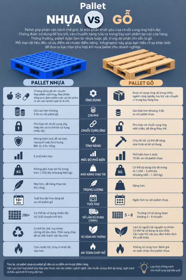 Pallet nhựa và Pallet gỗ: Ưu nhược điểm, cách lựa chọn phù hợp